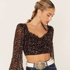 JAPNA NWT Black Ditsy Floral Blouse Womens S Stretch Crop Top Tie Wrap Cottage